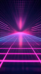 Poster - A vibrant neon grid landscape with glowing pink and blue lines, creating a futuristic, abstract digital space.