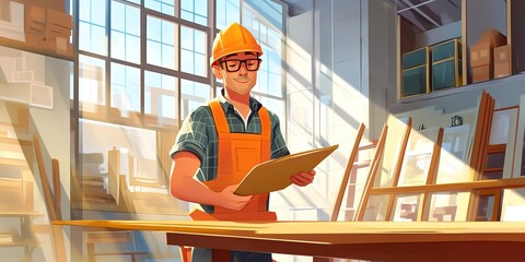 Poster - Male construction engineer is working indoors. Beautiful illustration picture. 