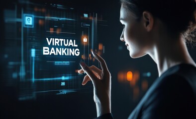 Poster - Businesswoman interacting with virtual screen showcasing digital banking technology and futuristic interface