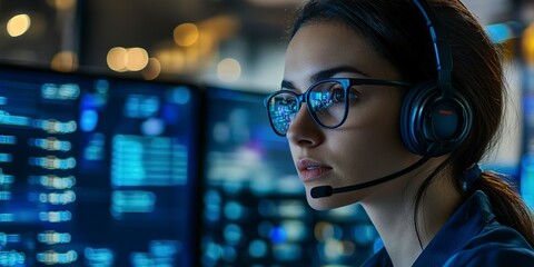 Poster - IT help desk, female with headset and glasses for questions on technology and data. Cyber defense, person dedicated to communication, analysis, and army support. 