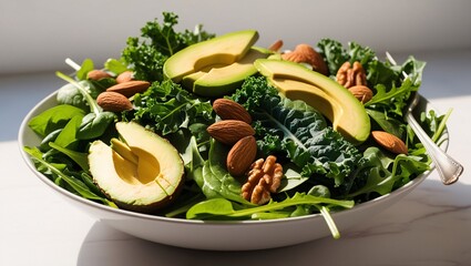 Vibrant salad bowl filled with leafy greens, avocado, and nuts, showcasing foods known to support heart health and treat inflammation