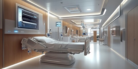 Poster - Innovative hospital design integrating technology for better patient care, including smart beds and automated monitoring systems hyper realistic 