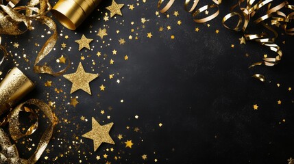 Wall Mural - New Years Eve corner border banner of glittery gold stars, streamers, decorations and noisemakers. Top view on a black background. with copy space