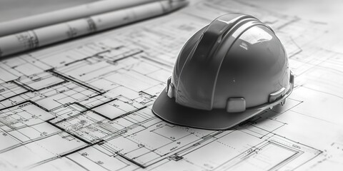 Poster - House drawing blueprints with helmet for architectural 