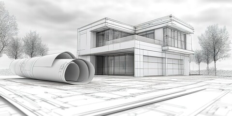 Poster - House drawing blueprints with helmet for architectural 