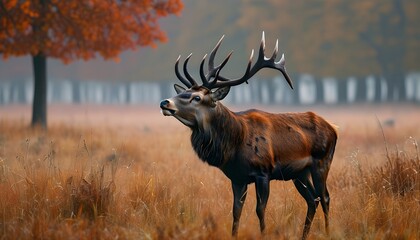 Majestic red deer stag in a misty autumn field of grass