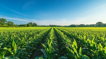 Poster - A vast cornfield stretching out under a clear blue sky, with rows of tall, healthy corn stalks and lush green leaves in a sunlit rural landscape.