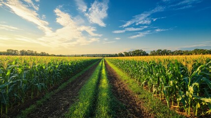 Poster - A vast cornfield stretching out under a clear blue sky, with rows of tall, healthy corn stalks and lush green leaves in a sunlit rural landscape.