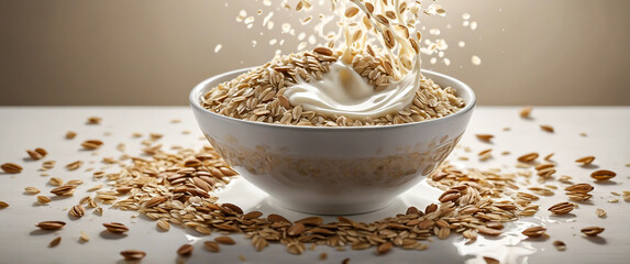 Oats with milk in a bowl and scattered around on a table on a cream background. Oat bowl background for Advertisement. Vegan oat milk, non-dairy alternative milk.