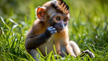 Adorable baby Gelada monkey enjoying a scratch while lounging on fresh grass