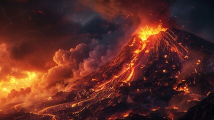 Wall Mural - realistic nighttime volcano eruption with molten lava illuminating the landscape in fiery orange