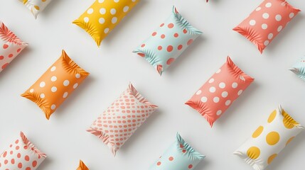 Poster - minimalist 3d rendered of various candy wrappers with simple geometric patterns dots and stripes in 
