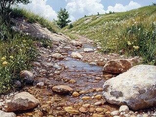 Sticker - Serene Stream Flowing Through a Meadow - Landscape Photography