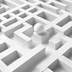 A minimalistic maze with a white sphere at the center, representing challenges and solutions in a clean, abstract environment.