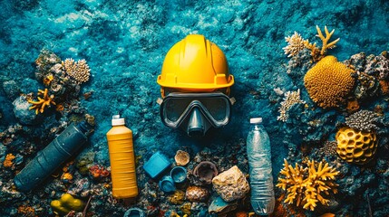 A hard hat and snorkel mask among ocean debris and coral highlight the importance of underwater conservation and safety, making it ideal for environmental campaigns and ocean protection projects,