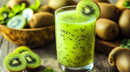 Poster - A vibrant green glass of fresh kiwi juice, garnished with kiwi slices, placed on a wooden table next to a bowl of freshly cut fruit.