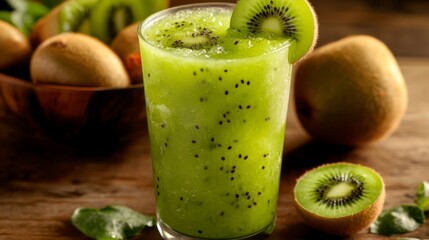 Poster - A vibrant green glass of fresh kiwi juice, garnished with kiwi slices, placed on a wooden table next to a bowl of freshly cut fruit.