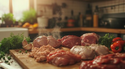 A vibrant kitchen scene with a variety of raw meats including ground beef, chicken thighs, and pork tenderloin, ready for cooking.