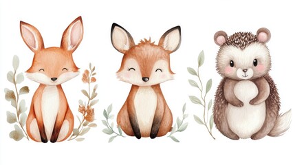 Wall Mural - Cute baby fox and forest animals in watercolor, perfect for nursery posters.