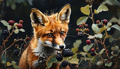 Red fox cub enjoying blackberries in a vibrant forest