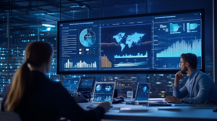 A business meeting focused on improving supply chain efficiency, with charts and data displayed on a large screen