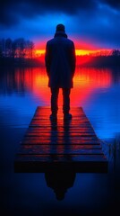 A solitary figure standing on a dock at sunset, reflecting on the calm water, creating a serene and contemplative atmosphere.