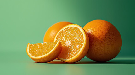 This image shows three vibrant oranges with one cut into a juicy slice, placed on a solid green background, highlighting their freshness and vivid color.