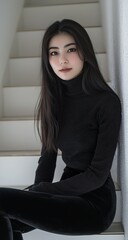 A beautiful Japanese woman with long hair and wearing black stockings is...