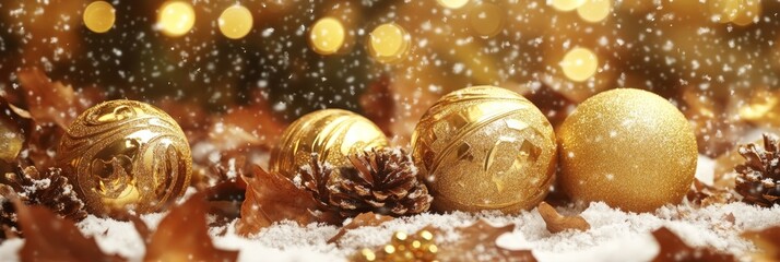 Golden Christmas ornaments lying on snowy ground with pinecones, set against a bokeh of warm festive lights.