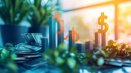 Poster - A visual representation of financial growth with bar charts and dollar signs, set against a backdrop of a modern office and financial planning tools, emphasizing economic progress.