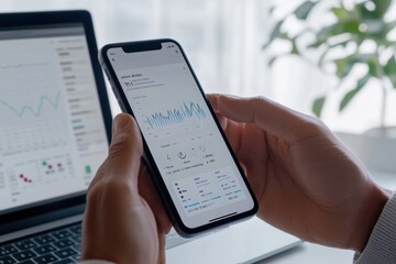 Poster - Close-up of hands analyzing data on a smartphone app with charts and graphs visible on the screen