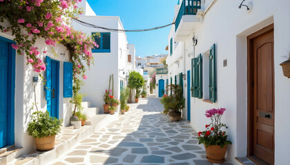  A narrow street in Mykonos, Greece, lined with iconic whitewashed buildings featuring blue doors and windows, with vibrant flowers cascading from balconies under the bright Mediterranean sun