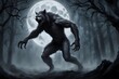 © Shabana - A werewolf transforming under a full moon surrounded by dark trees, AI Generated