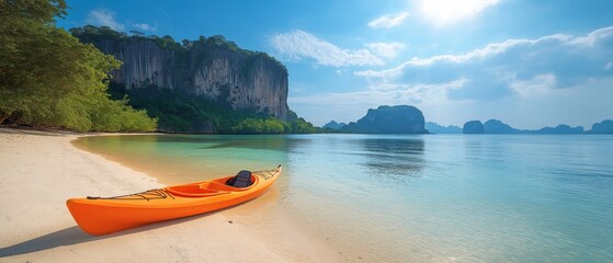 Beachside kayak boat with Poda Island in the backdrop and a clear blue sky