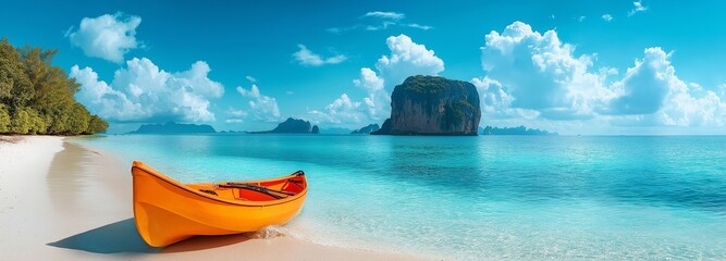 Beachside kayak boat with Poda Island in the backdrop and a clear blue sky