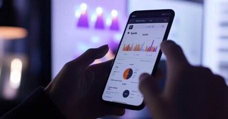 Poster - Close-up of hands using a smartphone app for financial tracking and analysis in a cozy home environment