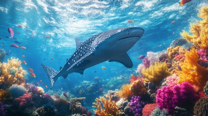 Aufkleber - A whale shark gliding past a colorful coral reef, showcasing its impressive size and the diverse marine life coexisting in the same ecosystem