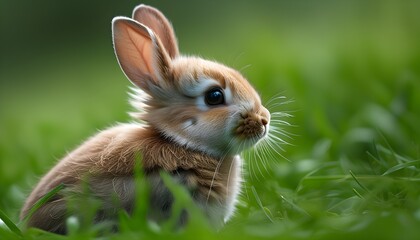 Wall Mural - Adorable bunny nestled in vibrant green grass