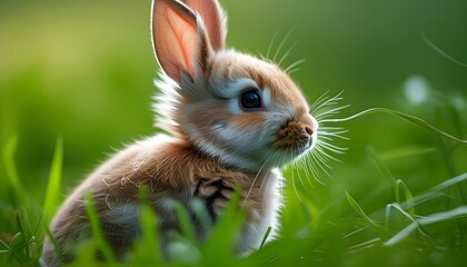 Wall Mural - Adorable bunny nestled in vibrant green grass