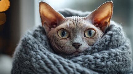 Cozy sphynx cat wrapped in a warm knit blanket by the window