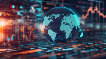 A globe surrounded by digital graphs and charts, representing global economic data and trends