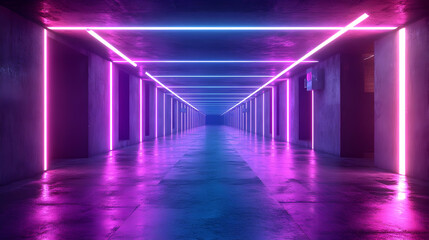 3D Neon Lights Hallway Corridor Render