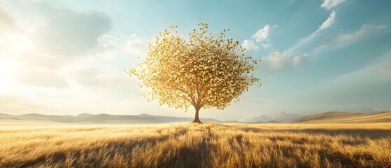 Poster - Vibrant Tree in Golden Landscape Under Blue Sky