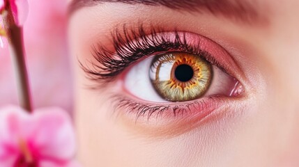 A close up of a woman's eye with yellow iris and brown pupil, AI