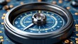 © Aris Suwanmalee - Close-up of a modern compass on a blue surface, showcasing intricate details and a refined design for navigation enthusiasts.