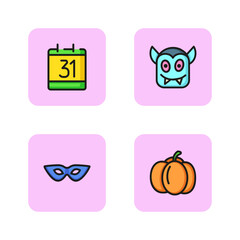 Sticker - Halloween elements line icon set. Calendar, devil head, carnival mask and pumpkin. Halloween holiday concept. Vector illustrations can be used for celebration, party, traditions