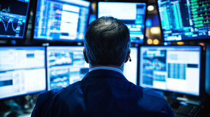 a stock trader monitoring multiple screens with global market movements and economic news