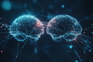 Digital art showcasing two connected brains with glowing neural networks and vibrant colors, symbolizing connectivity and digital communication