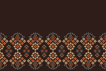 Traditional ethnic motifs ikat geometric fabric pattern cross stitch.Ikat embroidery Ethnic oriental Pixel brown background.Abstract,vector,illustration. Texture,decoration,wallpaper.