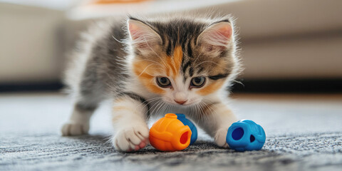 Wall Mural - A kitten exploring colorful plastic toys on a soft carpet, pawing at the objects with curiosity and concentration, ready for play.